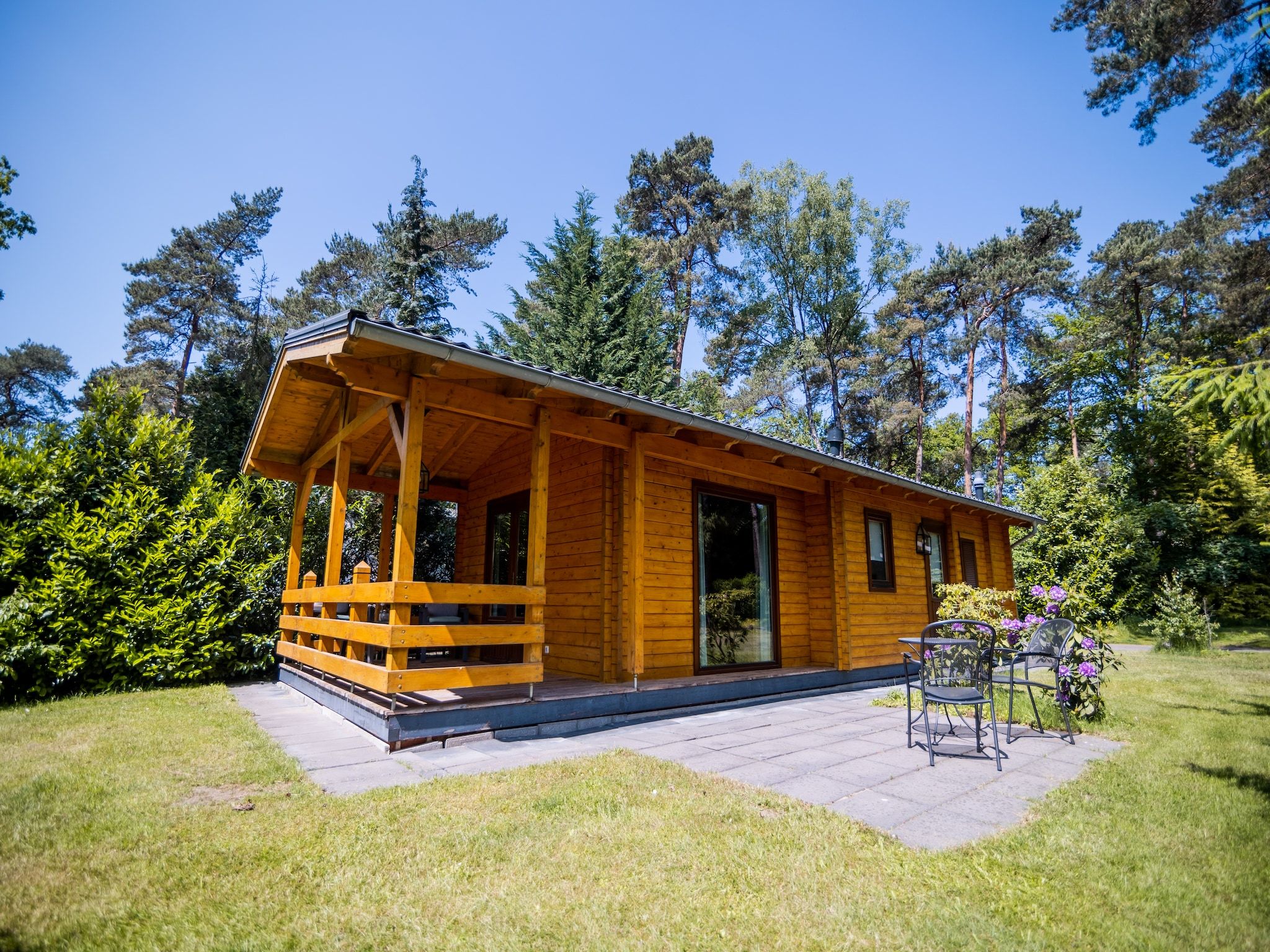 De tuin van 2-persoons wellness lodge in Markelo