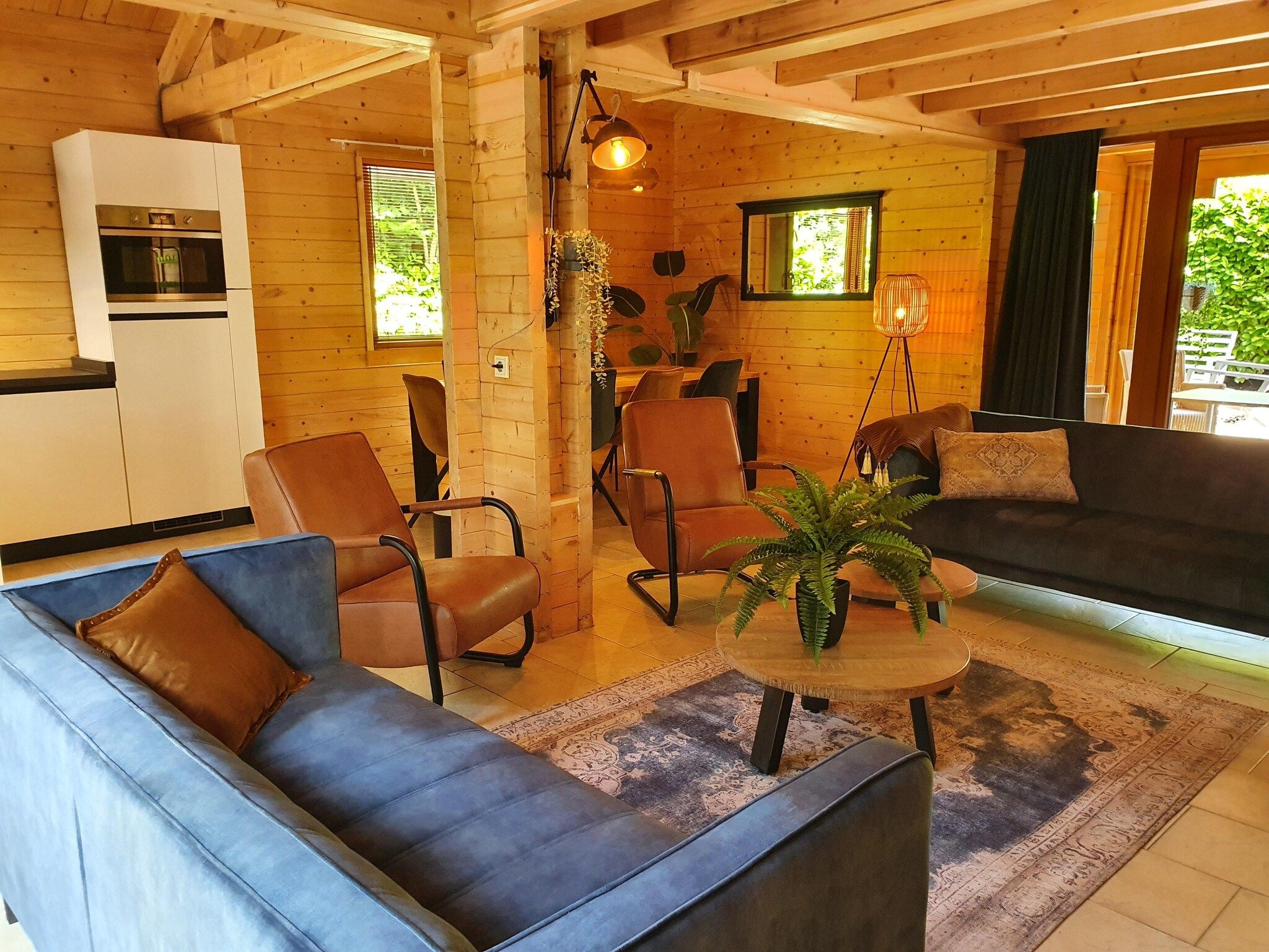 De woonkamer van 6-persoons luxe bosvilla Casa Madeira in Markelo